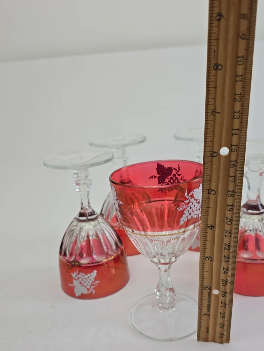 Vintage Lubiana Set Of 5 Italian Cranberry Wine Glasses Etched Grape Design